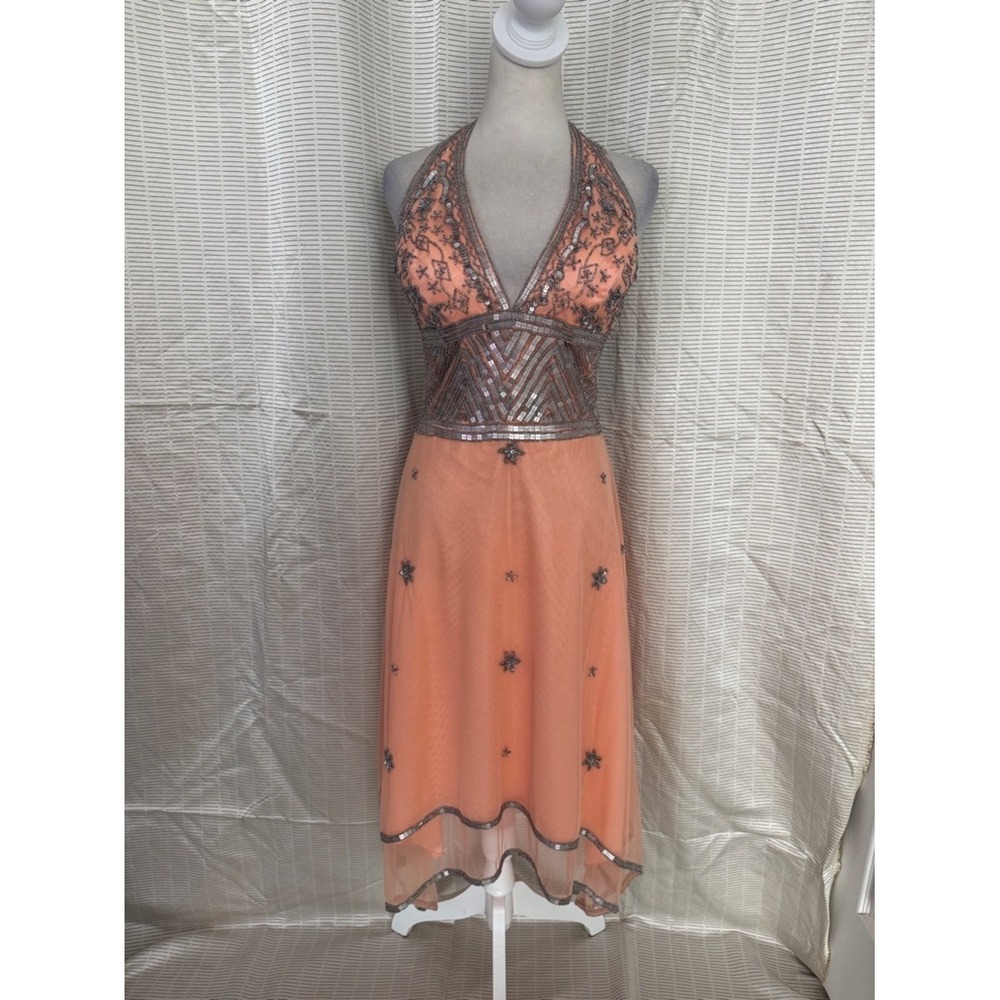 Mes Ami Y2K peach pink cocktail halter dress silver beaded sequin deep V-neck
